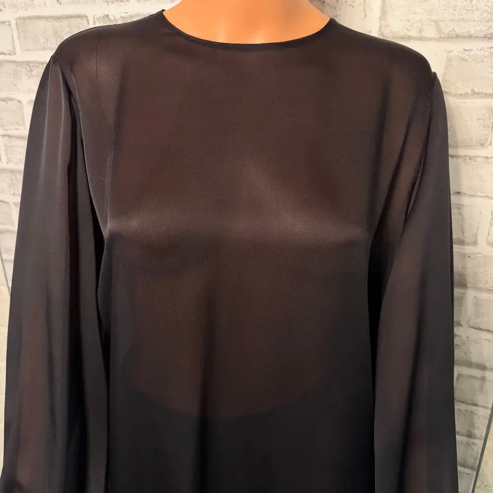 The Row Silk Sheer Tunic Top XS Black Open Back w/ Ties Bishop Sleeves Hi-Low